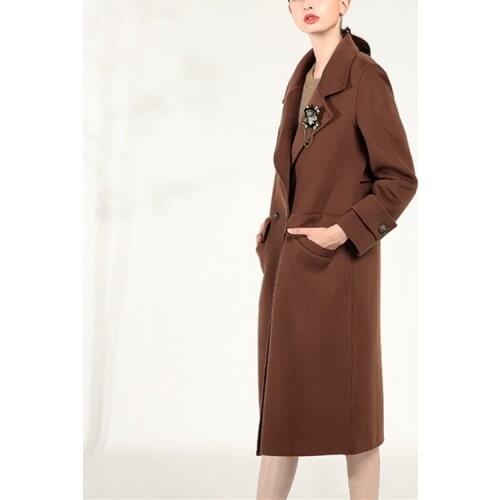 Double face 100%wool women fashion slim style topcoat single button spliced back brooch collar caramel 2color S/M/L