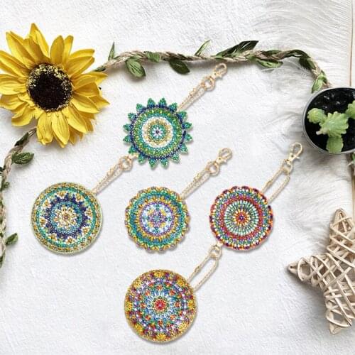 5pcs DIY Full Drill Diamond Painting Keychain Special Shape Mandala Pattern Diamond Cross Stitch Key Chain for Women Bag