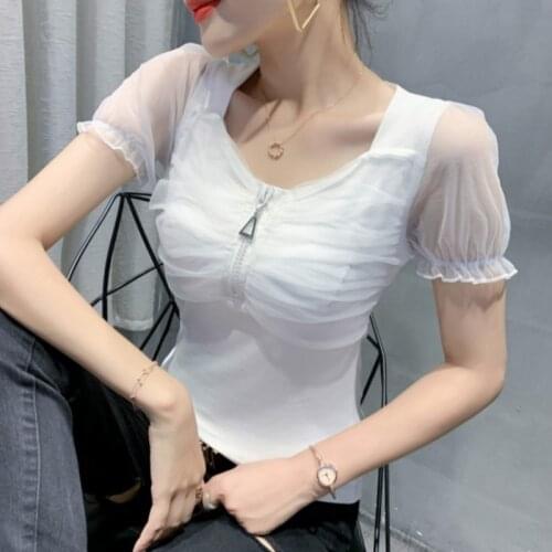 #6070 Summer 2021 Sexy T Shirt Women O Neck With Zipper Slim Spliced Mesh Short Sleeves T Shirt Femme Korean Style Women T Shirt