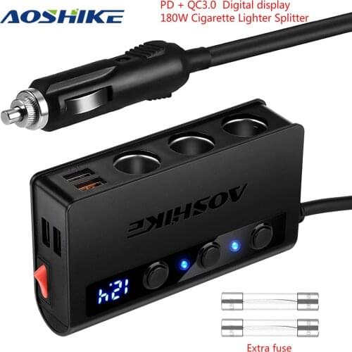 AOSHIKE Car Power Adapter Cigarette Lighter QC 3.0 Adapter 180W 12V/24V 3-Socket Splitter 4 USB Ports For GPS/DashCam/Phone/iPad