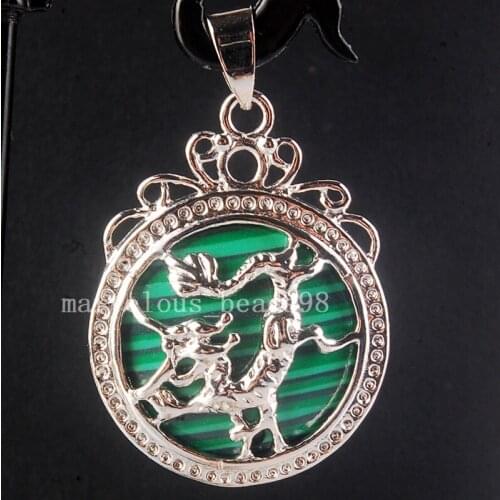 Free shipping 38x28mm Fashion Jewelry Green Malachite Round Dragon Pendant Bead MC3745