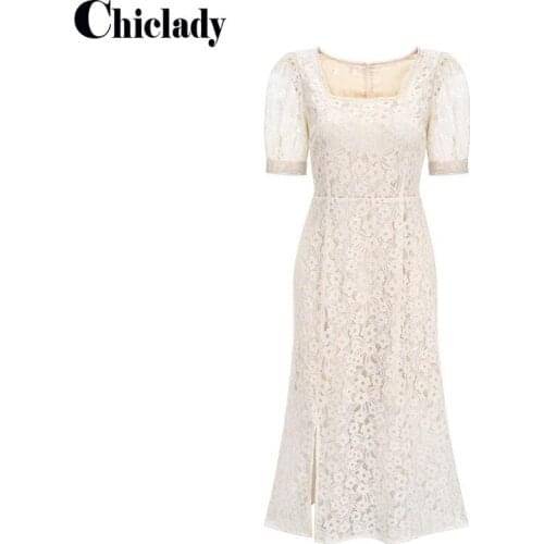 CHICLADY Lace Dress Party Cute Women Elegant Pearls Beading Embroidery Midi Fairy Beige Dresses Slim Waist Summer vestidos