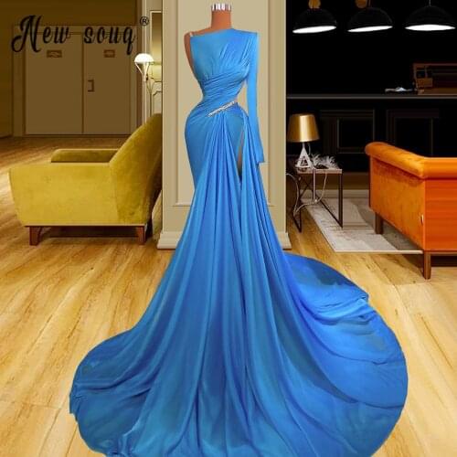 Single Long Sleeve Royal Blue Long Prom Dresses Islamic Turkish Split Side De Soiree 2021 Sex y Satin with Tailing Evening Gown
