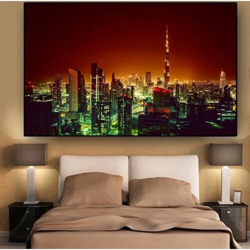 Dubai Burj Khalifa Cityscape In Night Canvas Painting Posters and Prints Scandinavian Wall Art Picture for Living Room