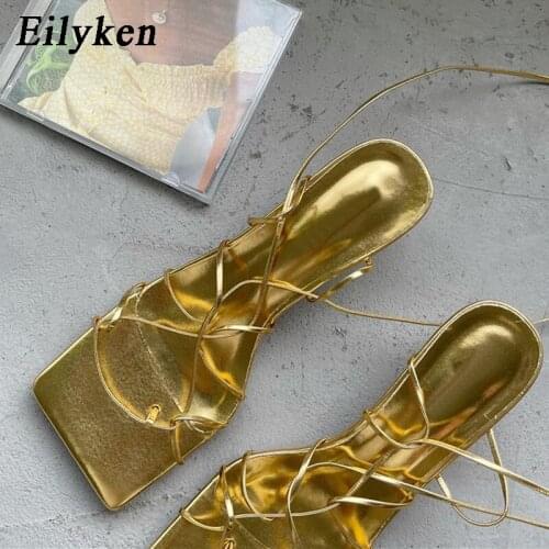 Eilyken Fashion Narrow Band Women Lace-Up Sandals 2021 Summer New Square Toe Ankle Strap High Heels Cross-tied Low Heels Shoes