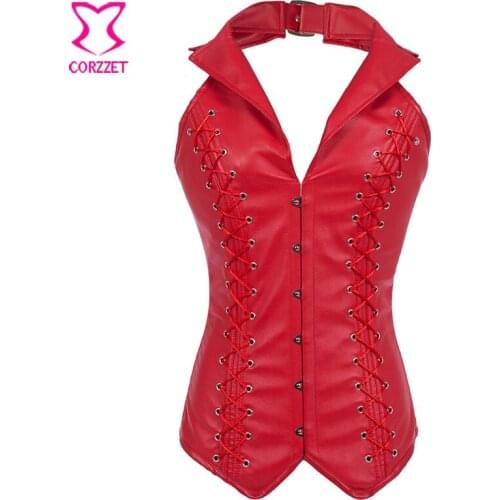 Halter Red Leather Corset Steel Boned Plus Size Gothic Tops Steampunk Clothing Women Sexy Korset Waist Slimming Corsets Lace Up