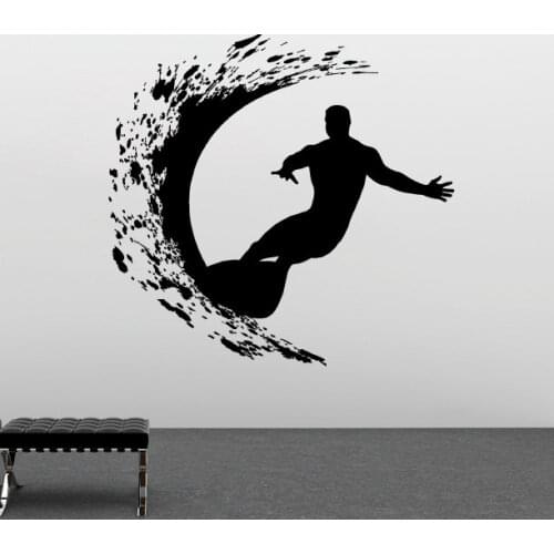 Creative Extreme Sport Wall Decals Cool Surfer Man Surfing With Surf Board Wall Mural Art Design Home Livingroom Decor Wm-030