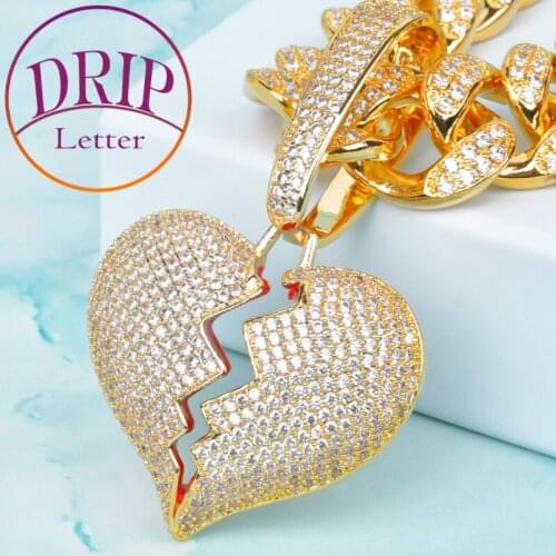 Broken Heart Pendants Gold Color Zircon Men Hip Hop Jewelry