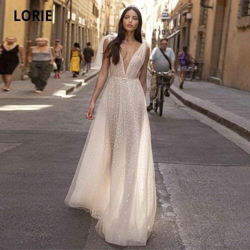 LORIE Wedding Dress Boho 2020 Deep V Neck Appliqued Beaded Lace Bridal Gown Sleeveless Custome Made Robes De Mariée Plus Size