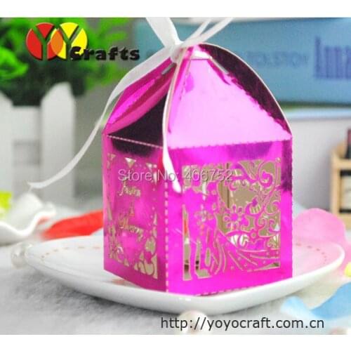 Metallic hot pink color laser cut party wedding favors and gifts box with free name logo