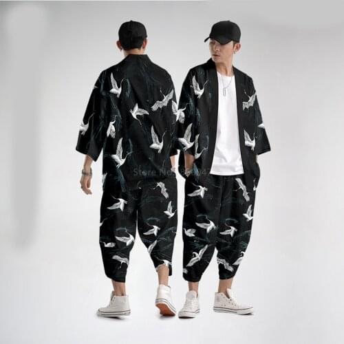 Fashion Clothing for Male Asian Style Male Loose Short Sleeve Kimono Top Trousers Pants Leisure Harajuku Printing Streetwear