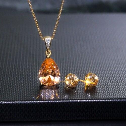 Trendy Female Champagne Crystal Jewelry Set Charm Silver Color Stud Earring For Women Dainty Water Drop Wedding Chain Necklace