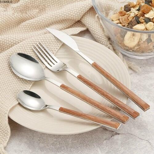 24pcs Creative Dinnerware set Stainless Steel Tableware Kitchen Cutlery Imitation Wood Handle Table Knives Forks Spoons Teaspoon