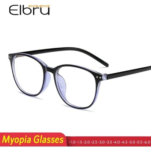 Elbru Blue Film Finished Myopia Glasses Frame Men Women Diopter -1.0 1.5 2.0 2.5 3.0 3.5 4.0 4.5 5.0 5.5 6.0 Retro Round Glasses