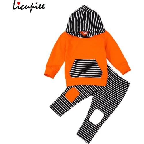 Hooded Baby Boy Baby Fall Coat, Striped Pants Suit Elastic Waist V-neck Long Sleeve Hooded Front Pockets Top Trousers 0-24 Month