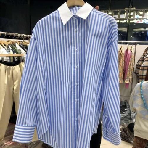 Turn Down Collar Long Sleeve Single Breast Blouse Women Striped Pachwork Work Style Ol Blusas Spring 2021 New Shirt