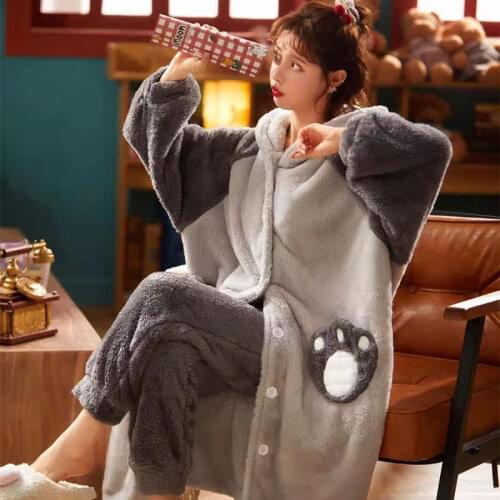 Pajamas womens autumn winter long robe coral velvet pajamas set thick warm mens face towel bathrobe winter home wear sleepwear