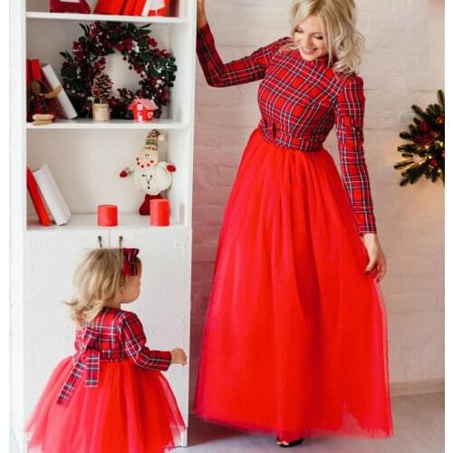 Dress Mother Daughter Dress Round Neck Red Plaid Long Sleeve Gauze Skirt Parent-child Dress Dress Elegant