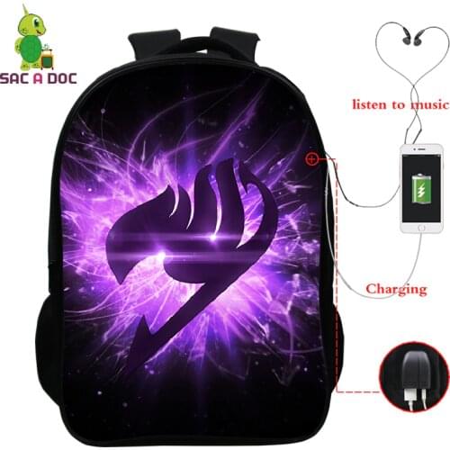 Fairy Tail 16 Inch Backpack Teenage School Bags for Girls Boys Bagpack Shoulder Bag USB Charging Zipper Bookbag Travel Bags