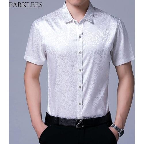 Floral Print Silk Shirt Men 2019 Brand Slim Fit Short Sleeve Mens Dress Shirts Satin Smooth Male Tuxedo Shirt Chemise White 2XL