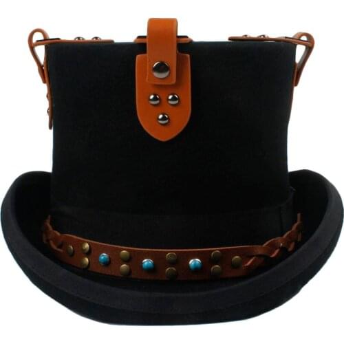 15CM Black Steampunk Top Hat 100% Wool Women Men Handmade Hat Millinery Fedora Goggles Party Cosplay Cap S M L XL