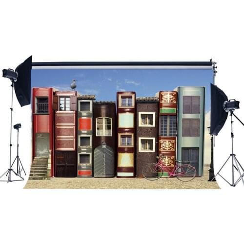 Fairytale Books Castle Backdrop Vintage Bicycle Road LaRM Bird Blue Sky White Cloud Fantasy Photography Background