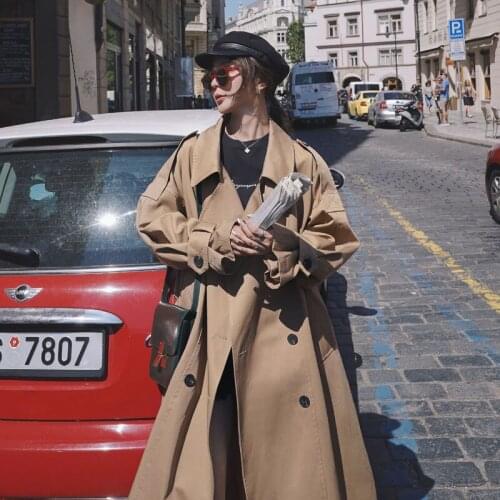 Vogue Korean Style Oversized Womens Trench Coat Double-Breasted Long with Belt Office Lady Windbreaker Spring Autumn Cloak