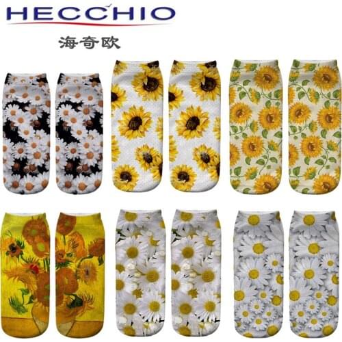 New Style Daisy Flower Sunflower 3D Digital Printing Flower Socks Van Gogh Starry Sky Oil Painting Cute Socks Women