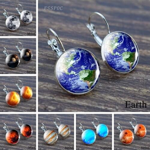 Planet Moom Earth Hook Earrings Glass Cabochon Solar System Jewelry Womens Earrings Universe Galaxy Earrings Accessories Gifts
