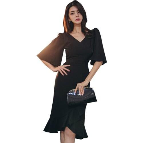 Sheer Elegant Night Dress Women Flare Half Sleeve Corset Trumpet Midi Runway Dress 2020 Black Plus Size Summer Dress Woman Robe