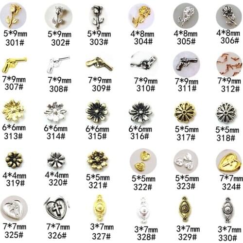 10Pcs/Lot Vintage Series 12 Rose Flower Gun Daisy Cross Heart DIY Metal Alloy Nail Art Deco Stickers/Charms/ Tools for Manicure