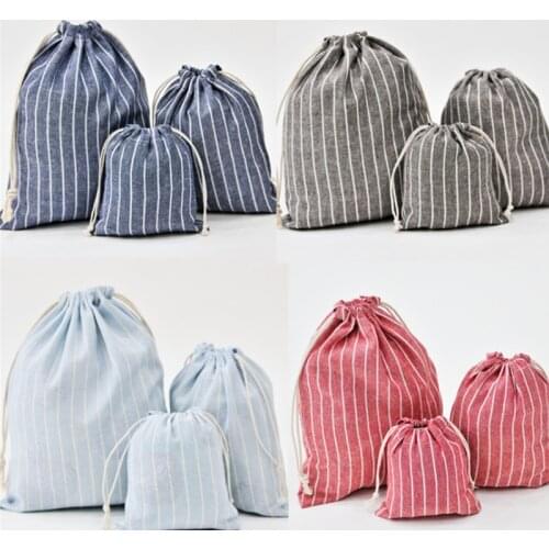 2PCS Cotton Linen Cloth Drawstring Bags Striped Storage Package Key Jewelry Gift Pouch Coin Purse Travel Use 16x15cm - 15x14cm