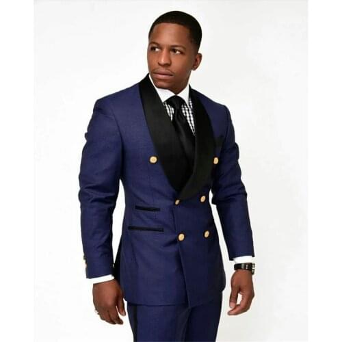 2021 Classic Navy Blue Mens Suits Slim Fit Groomsman Gold Button Double Breasted Party Tuxedo Groom Suits For Men Wedding Blazer