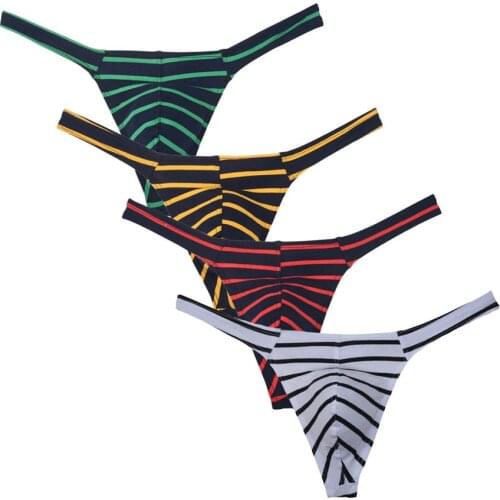 Mens 4-Pack Cotton Thong Underwear Sexy Low Rise T-Back Striped Jockstrap Short Mini Bikini Tanga