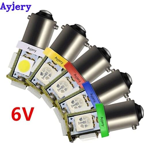 6V 6.3V !! Ultra Bright 100pcs BA9S 5050 5 SMD Car LED Light Interior Bulbs White Blue Red Yellow Reverse Light Reading Lamps