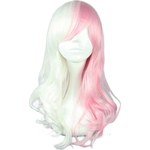 Anime Danganronpa Monomi Women Long Curly Wig Cosplay Costume Dangan Ronpa White Pink Mix Synthetic Hair Halloween Party Wigs