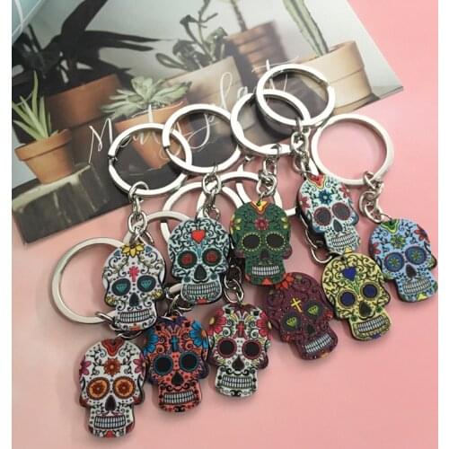Skull Keychains Calavera Sugary-Sweet Cute Skull Key chain Keyrings For Friend Family Party Gift Fur Pom Pom Keychain For Bag