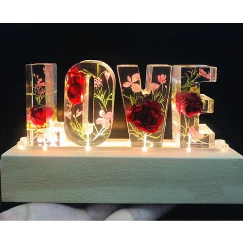 Customized A To Z Letters Dried Flower Wood Night Light Creative Romantic Table Lamp Gift for Couple Valentine Day Kid Birthday