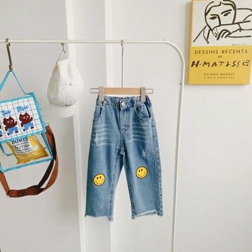 Toddler Girl Jeans Korean Style Smiley Print Denim Trousers for Boy Kids Pants 2 3 4 5 6 7 Years Child Jeans Elastic Waist Pants