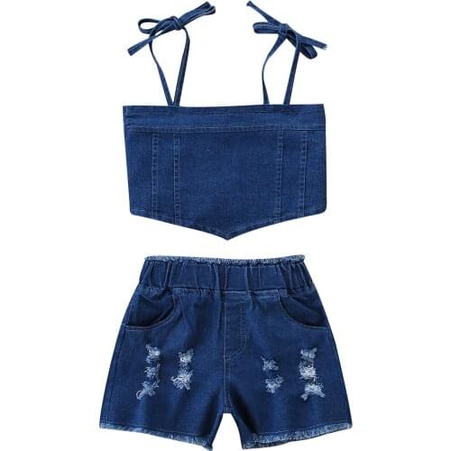 FOCUSNORM 1-6Y Summer Fashion Kids Girls Clothes Sets 2pcs Solid Denim Strap Sleeveless Vest Tops Hole Shorts