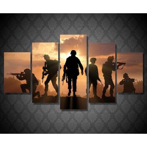 HD Printed 5 Piece Patriotic US Military Painting Soldiers Canvas With Army Sunset Wall Pictures For Living Room Battlefield