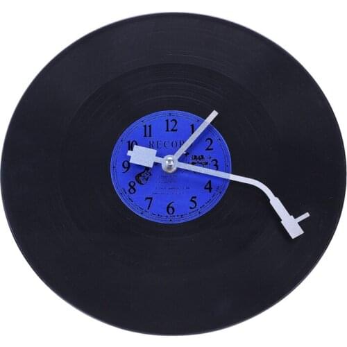 Quartz Round Retro Wall Clock Art Design Kitchen Living Room Home Decoration Vinyl Record Clock Blue + Black Plastic
