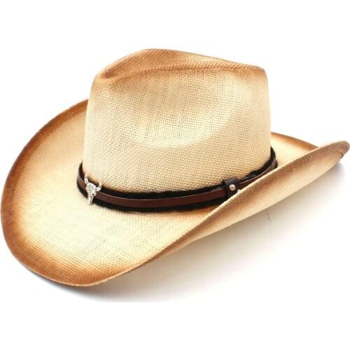 Fashion Women Men Straw Cowboy Hat With Bull Head Band For Lady Dad Western Sombrero Hombre Cowgirl Jazz Caps Size 58CM