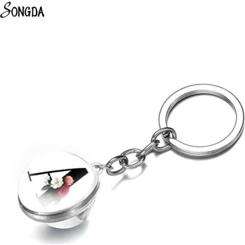 Fashion Letter Flower Pendant Keychains Glass Ball Key Chains Rings for Women Double Sided Keyring Holder Charm Bag Couple Gifts