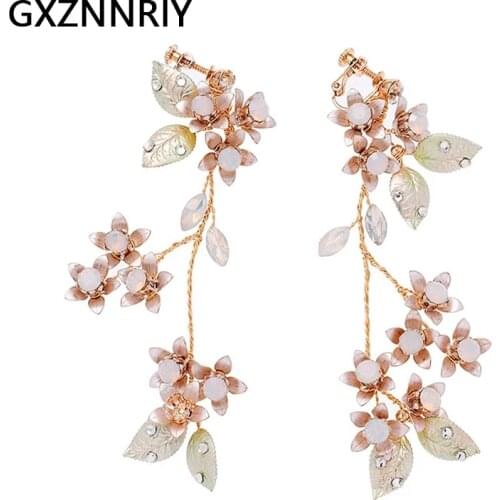 Fashion Rhinestone Leaf Flower Clip On Earrings for Women Accessories Handmade Bridal Wedding Drop Earring Party Jewelry Gifts