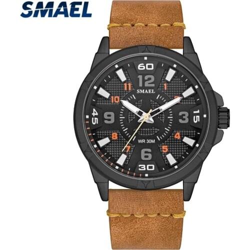 SMAEL Simple Style Quartz Movement Mens Watch LED Luminous Hands Waterproof Automatic Date Update Leather Bracelet