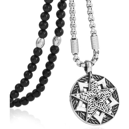 Men Black Natural Stone Necklace with Stainless Steel Double Pentacle Pentagram Pendant Necklace