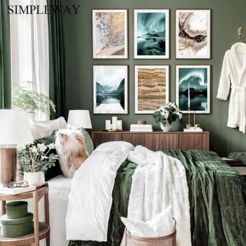 Forest Lake Landscape Canvas Painting Marble Abstract Poster Wall Print Nordic Aurora Art Picture Modern Living Room Decoration