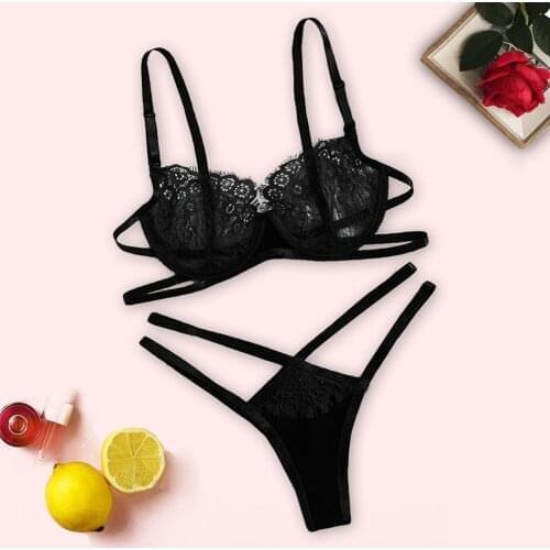 2020 New Thongs V-String Panties, Transparent Bra set Lingerie set Floral Lace Bralette Summer Sexy Sets Ladies Panty Underwear
