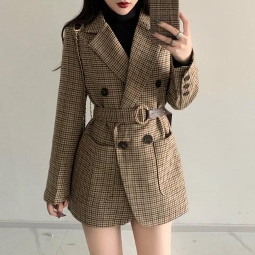 2020 New Spring Autumn Womens Blazers Sashes Jackets Notched Outerwear England Style OL Vintage Plaid Blazer Woolen Coat